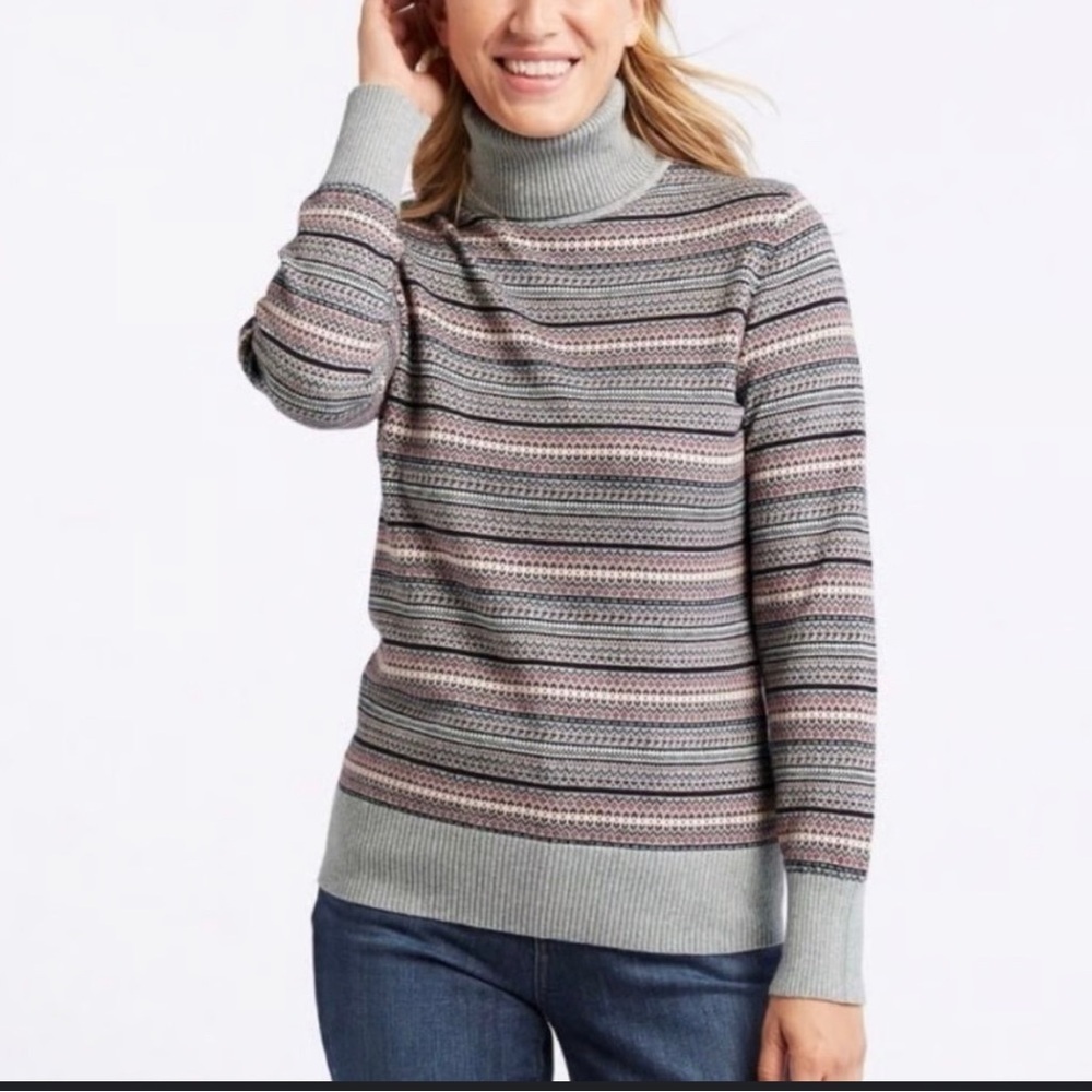LL Bean Sweater Womens Extra Small Pullover Pink Gray Turtleneck Fair Isle